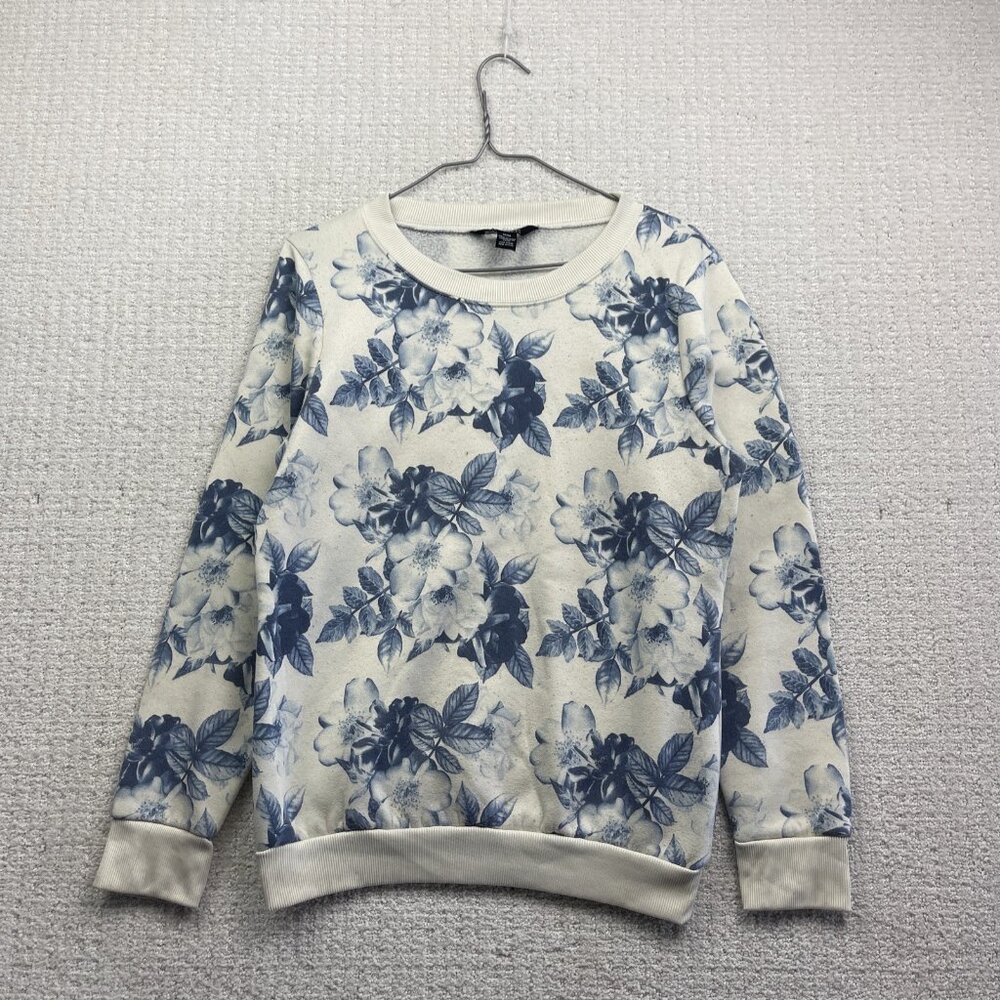 MIKK Athletica Sweatshirt Floral AOP Off-White / Blue Women Sz M Yoga Boho Read